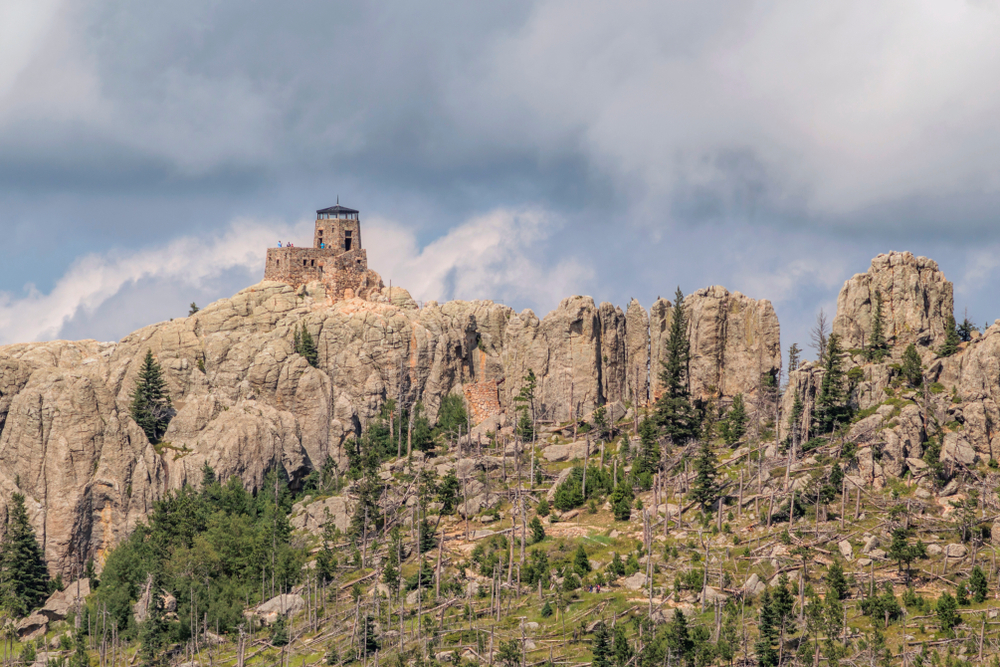 A Telephoto Close Up on the Black Elk Peak Fire Watch Tower in the Black Hills of South Dakota on a Perfect Summer Day