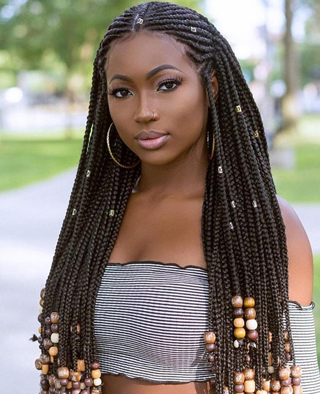 African-American women with beaded box braids