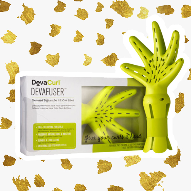 The Devacurl Devafuser attachment, a bright green hand-shaped diffuser